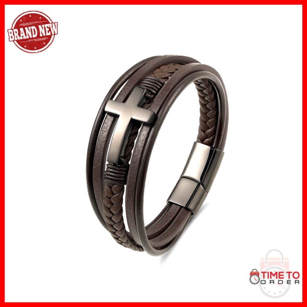Men's Leather Cross Bracelet Braided Multi Layer Stainless Steel Clasp